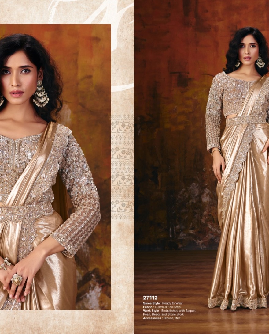 27112 - Mettalic Cream Embroidered Wedding Party Designer Saree